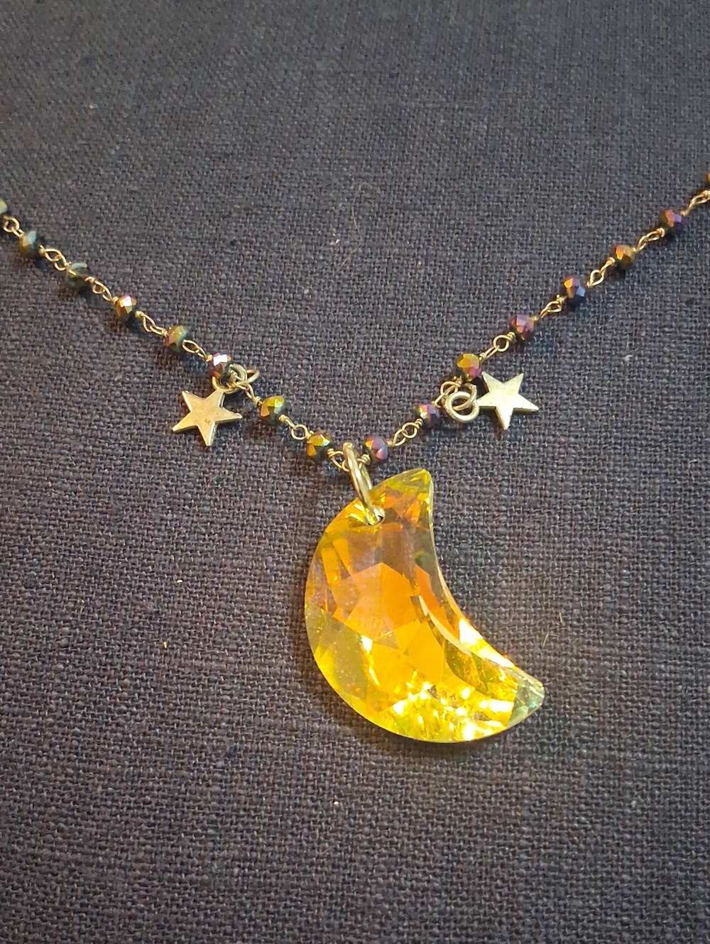 Yellow Crescent Crystal Moon Necklace with Star Accents
